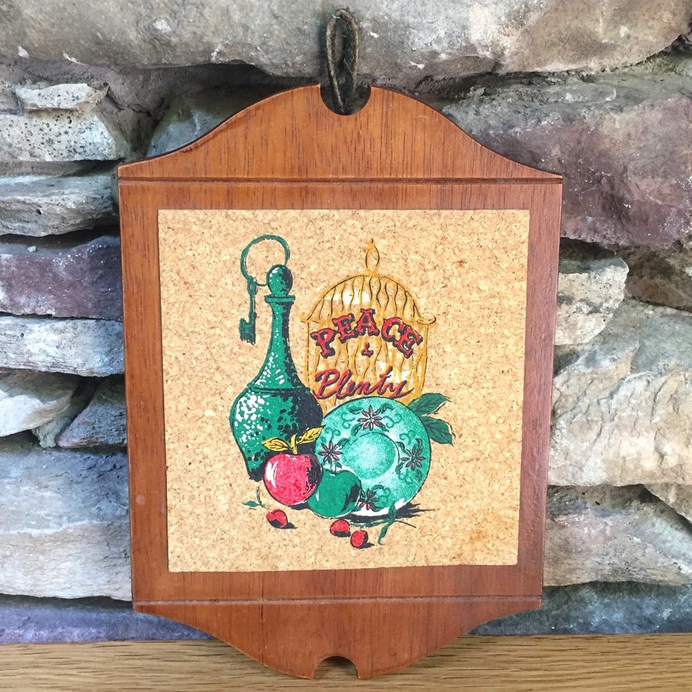Vintage Peace & Plenty Apco Wood Cork Trivet Boho